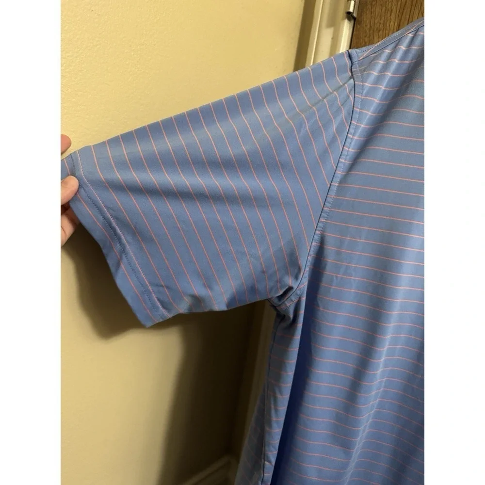 Peter Millar Summer Comfort Mens XL Polo Shirt Blue Pink Striped TX Golf Patch